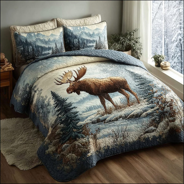 Moose Spirit quilted 3-piece bedding set on a made bed with two matching pillow shams