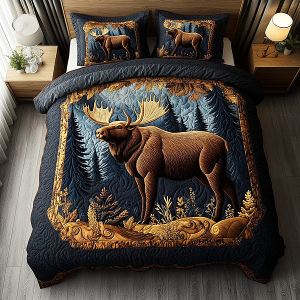 Moose Spirit quilted 3-piece bedding set on a made bed with two matching pillow shams