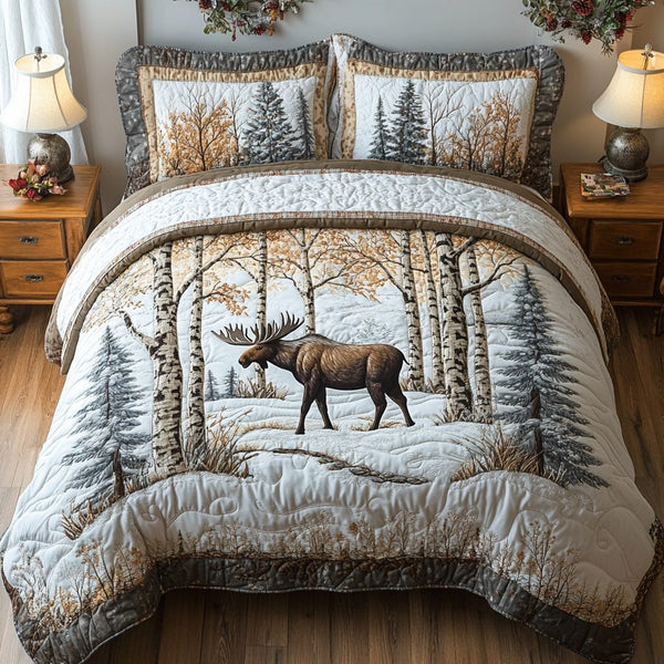 Moose Trail quilted 3-piece bedding set on a made bed with two matching pillow shams
