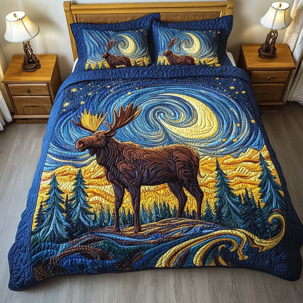 Moose Twilight quilted 3-piece bedding set on a made bed with two matching pillow shams