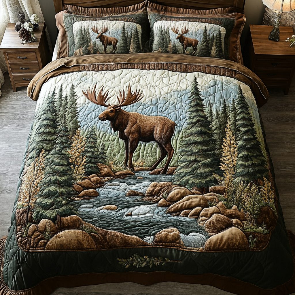 Moose Valley quilted 3-piece bedding set on a made bed with two matching pillow shams