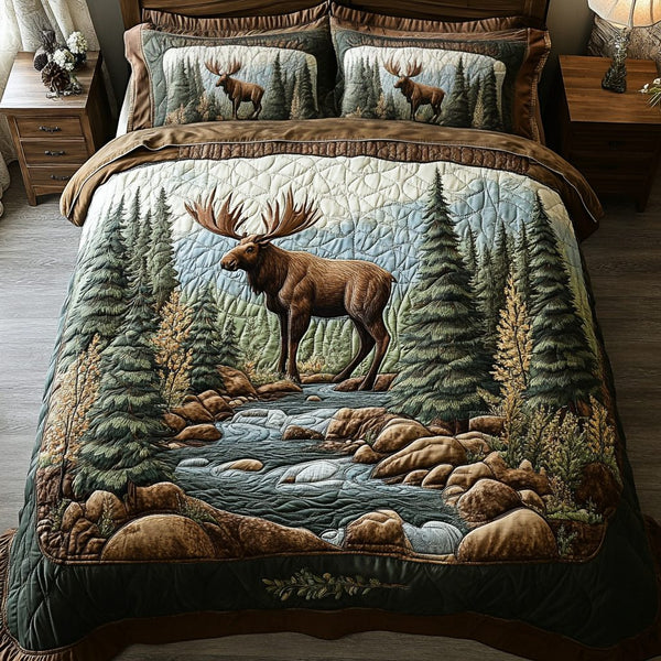 Moose Valley quilted 3-piece bedding set on a made bed with two matching pillow shams