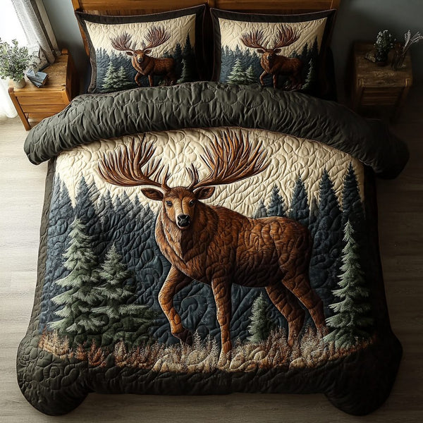 Moose Wilderness quilted 3-piece bedding set on a made bed with two matching pillow shams