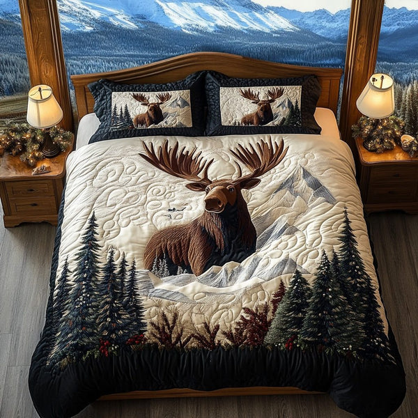 Moose Winter Charm quilted 3-piece bedding set on a made bed in a winter-styled bedroom