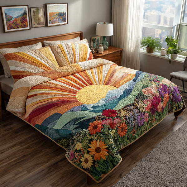 Morning Bloom quilted 3-piece bedding set on a made bed with two matching pillow shams