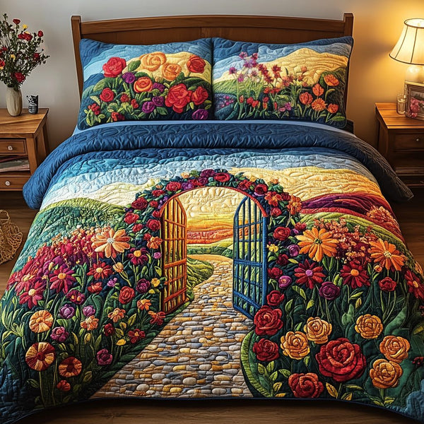 Morning Blossom quilted 3-piece bedding set on a made bed with two matching pillow shams