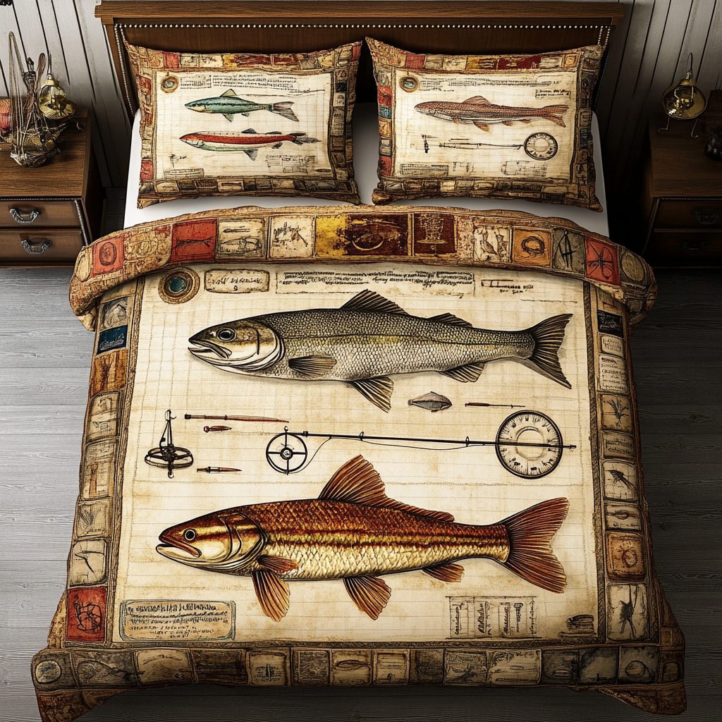 Morning Cast quilted 3-piece bedding set on a made bed with two matching pillow shams