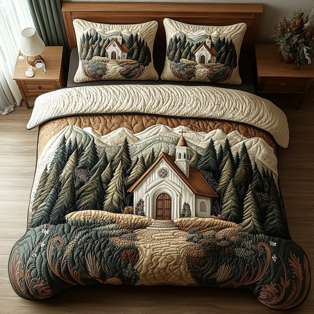 Morning Chapel quilted 3-piece bedding set on a made bed in a softly lit bedroom