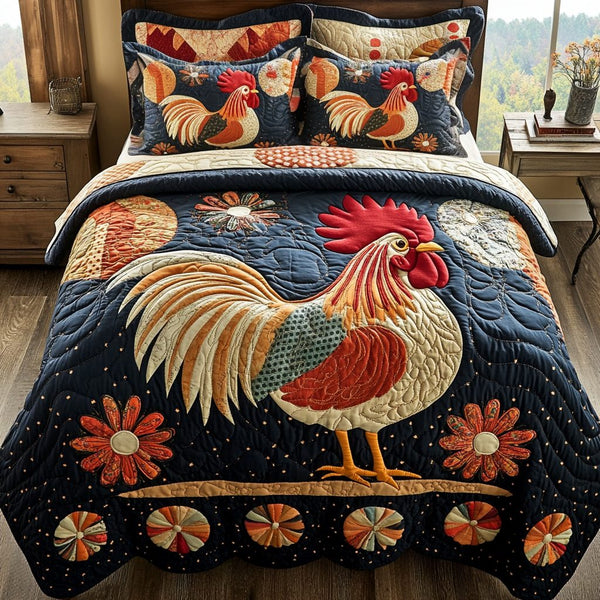 Morning Glory quilted 3-piece bedding set on a made bed with two matching pillow shams
