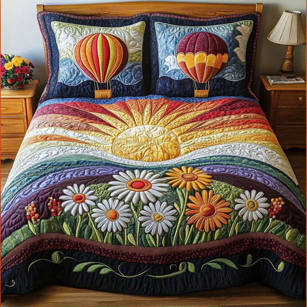 Morning Glory Skies quilted 3-piece bedding set on a made bed with two matching pillow shams