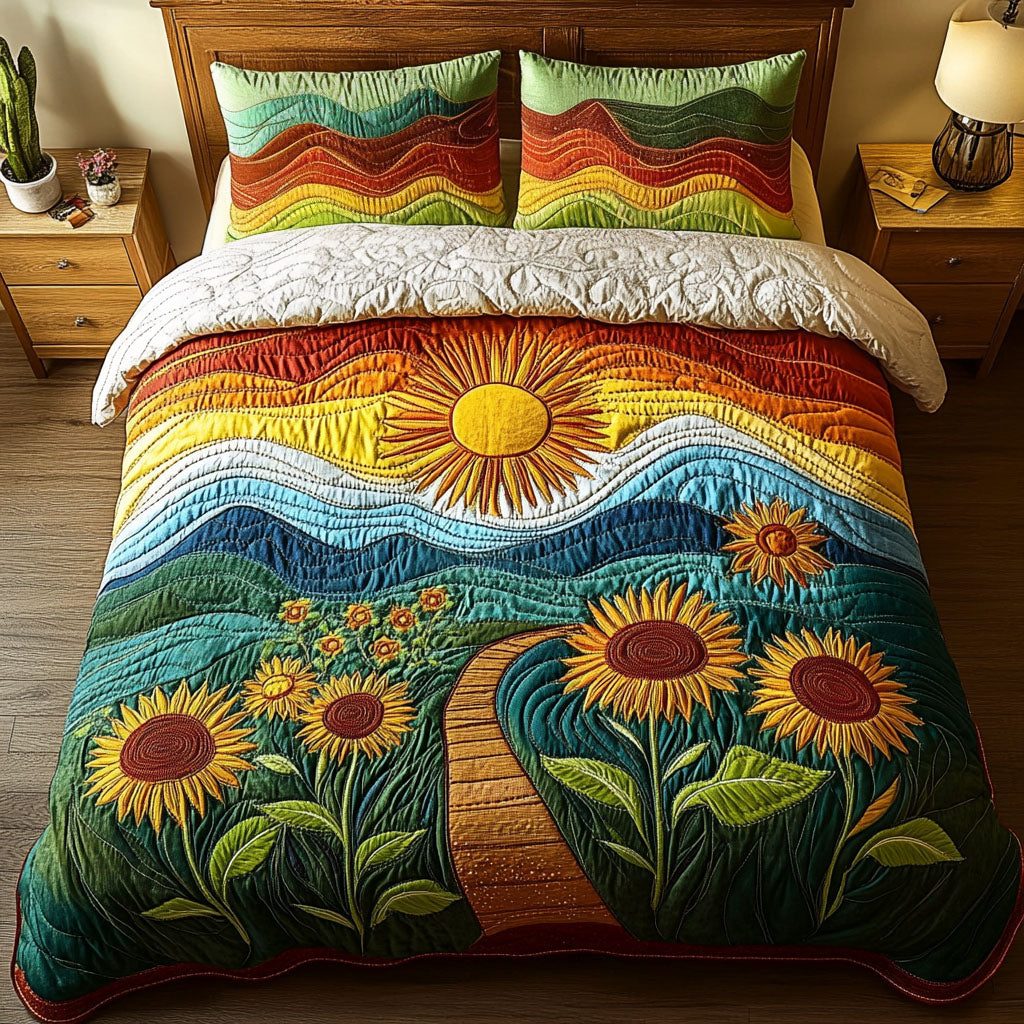 Morning Glow Landscape quilted 3-piece bedding set on a made bed with two matching pillow shams