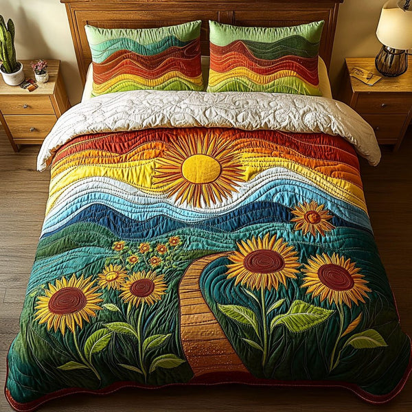 Morning Glow Landscape quilted 3-piece bedding set on a made bed with two matching pillow shams