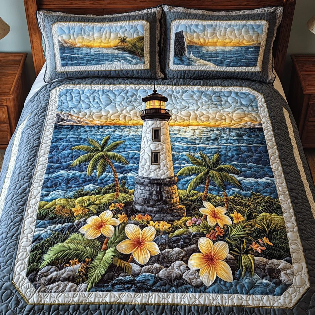 Morning Glow quilted 3-piece bedding set on a made bed with two matching pillow shams