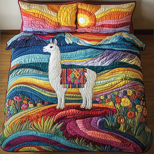 Morning Glow quilted 3-piece bedding set on a made bed with two matching pillow shams