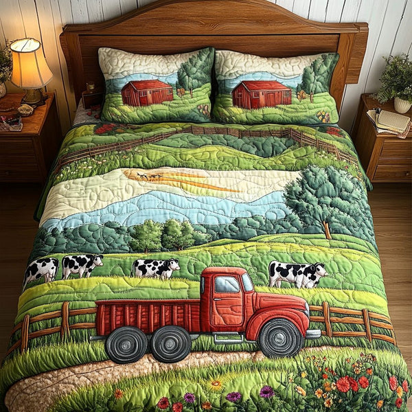 Morning Graze quilted 3-piece bedding set on a made bed with two matching pillow shams