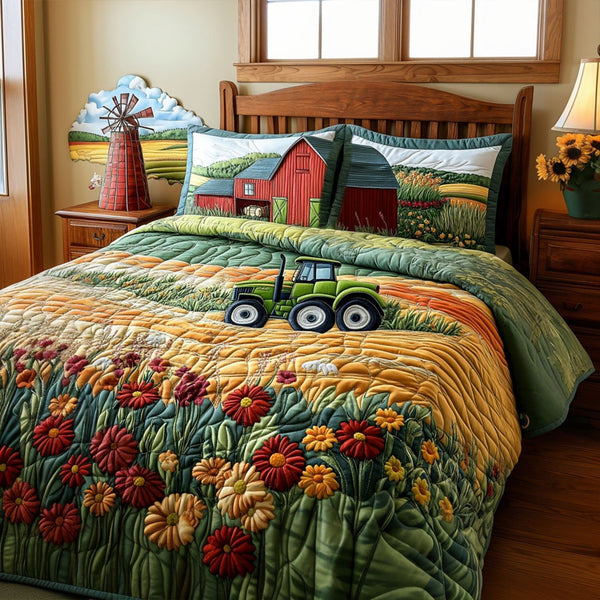 Morning Harvest quilted 3-piece bedding set on a made bed with two matching pillow shams