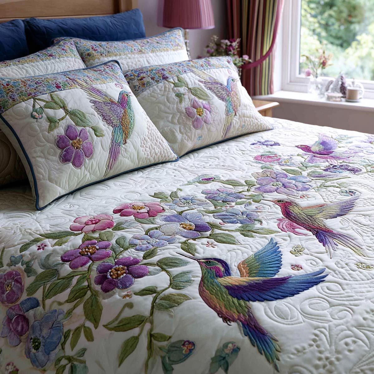 Morning Hummingbird quilted 3-piece bedding set on a made bed with two matching pillow shams