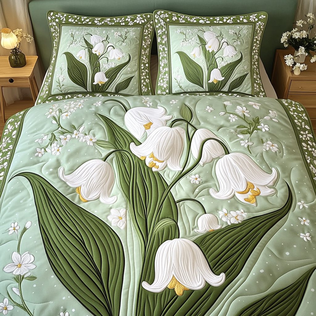 Morning Lily quilted 3-piece bedding set on a made bed with two matching pillow shams