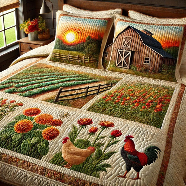 Morning Meadow quilted 3-piece bedding set on a made bed with two matching pillow shams