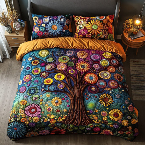 Morning Meadow quilted 3-piece bedding set on a made bed with two matching pillow shams