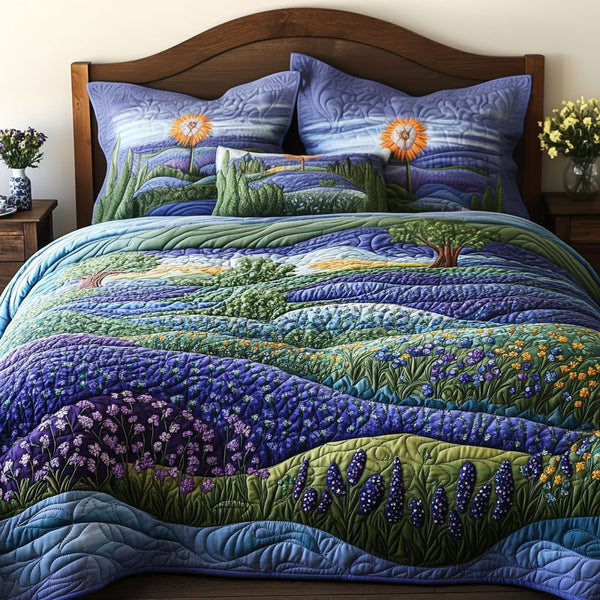 Morning Meadow quilted 3-piece bedding set on a made bed with two matching pillow shams