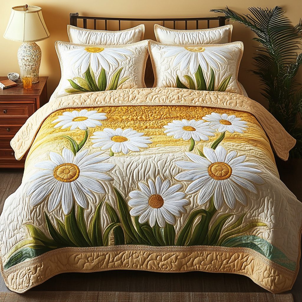 Morning Meadow quilted 3-piece bedding set on a made bed with two matching pillow shams