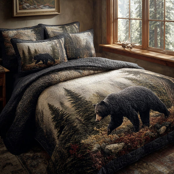 Morning Mist Black Bear quilted 3-piece bedding set on a made bed with two matching pillow shams