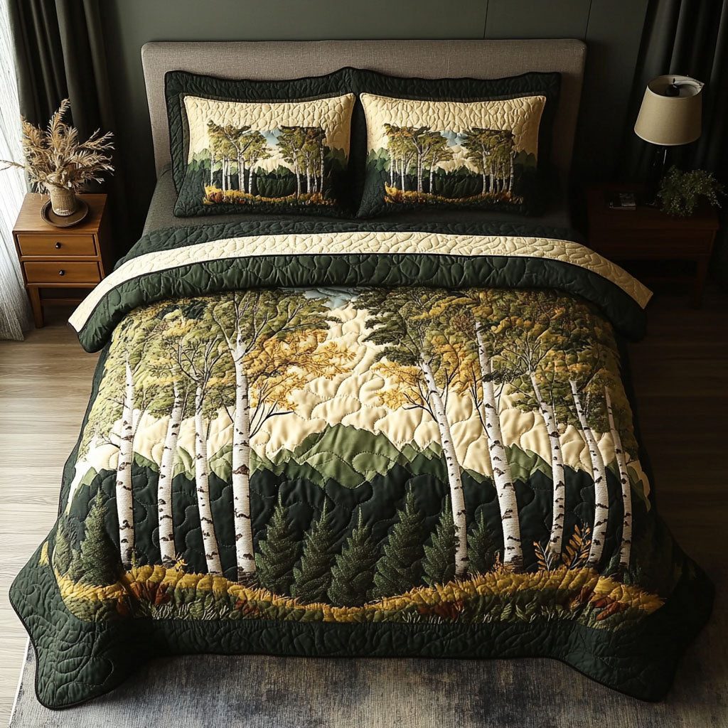 Morning Mist quilted 3-piece bedding set on a made bed with two matching pillow shams