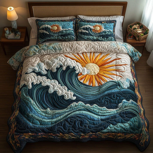 Morning Rays quilted 3-piece bedding set on a made bed with two matching pillow shams