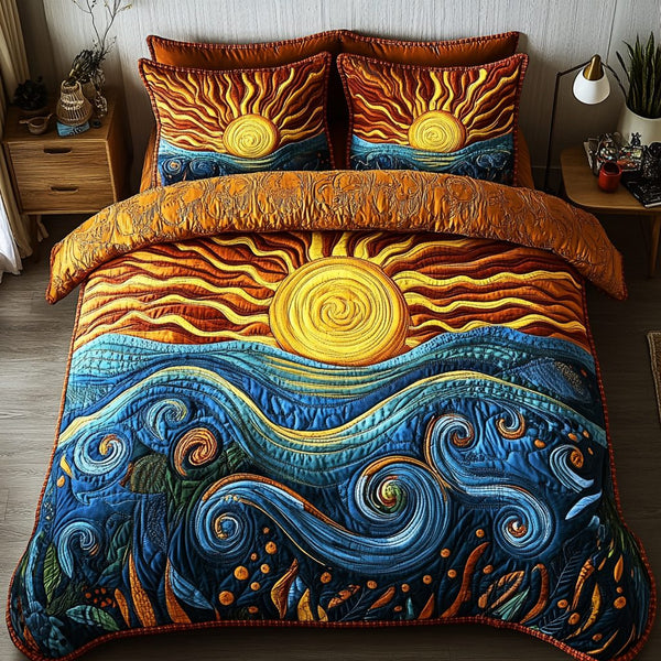Morning Sunrise quilted 3-piece bedding set on a made bed with two matching pillow shams