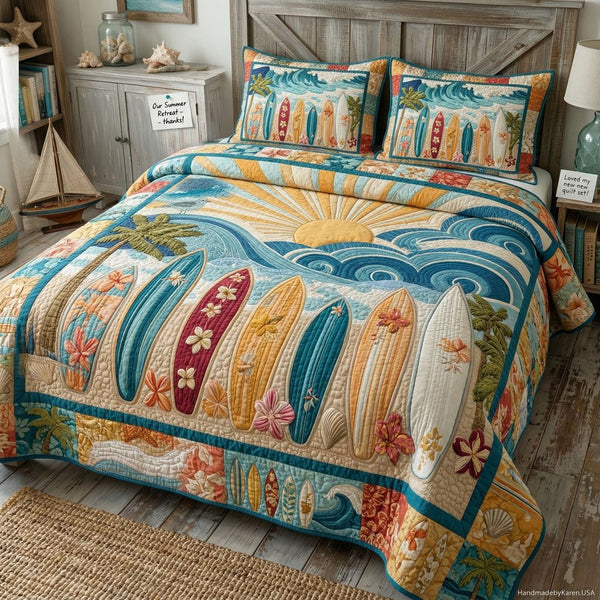 Morning Surf Lounger quilted 3-piece bedding set on a made bed in a light coastal bedroom