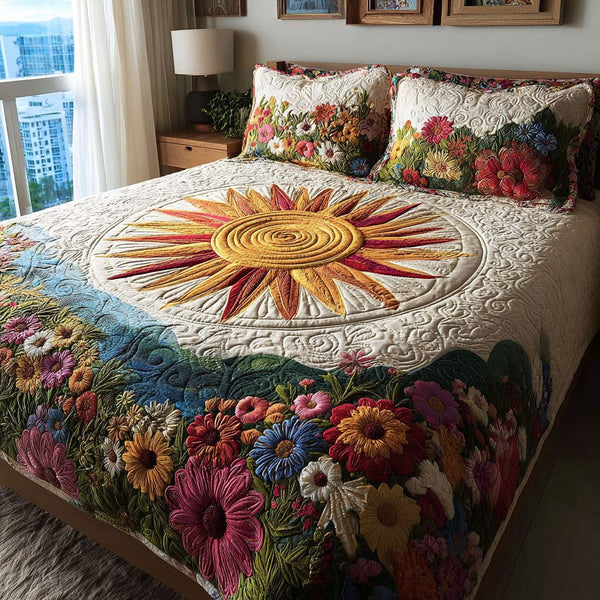 Morning Valley quilted 3-piece bedding set on a made bed with two matching pillow shams