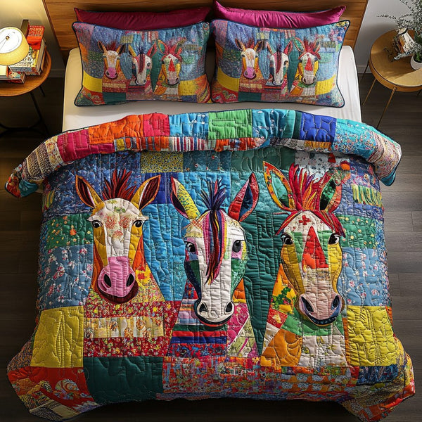 Mosaic Donkies quilted 3-piece bedding set on a made bed with two matching pillow shams
