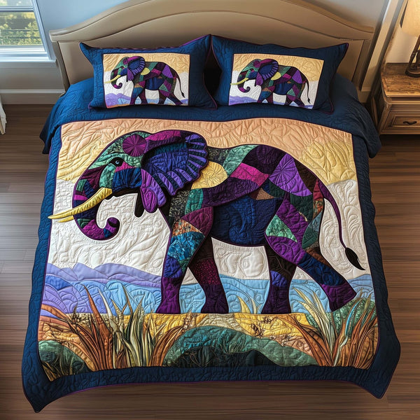 Mosaic Elephant quilted 3-piece bedding set on a made bed with two matching pillow shams