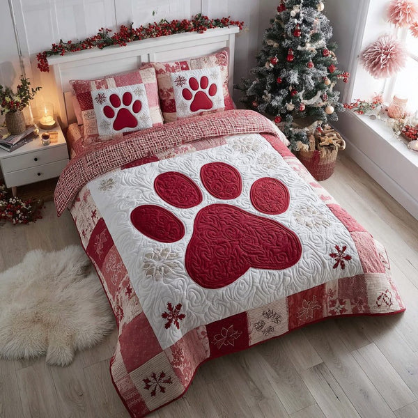 Mosaic Paw quilted 3-piece bedding set on a made bed with two matching pillow shams