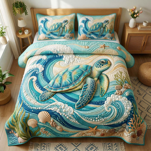 Mosaic Reef quilted 3-piece bedding set on a made bed in a light coastal bedroom