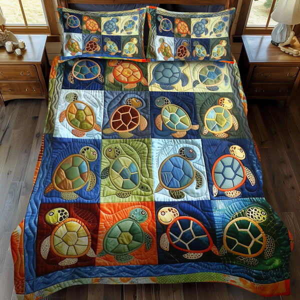 Mosaic Turtle quilted 3-piece bedding set on a made bed in a light coastal bedroom