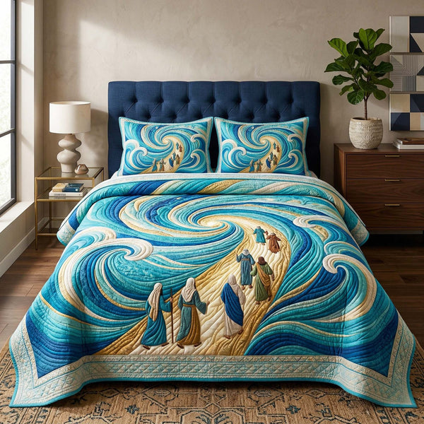Moses Swirl quilted 3-piece bedding set on a made bed with two matching pillow shams