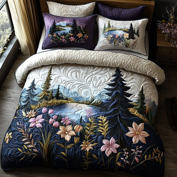 Mosslight quilted 3-piece bedding set on a made bed with two matching pillow shams
