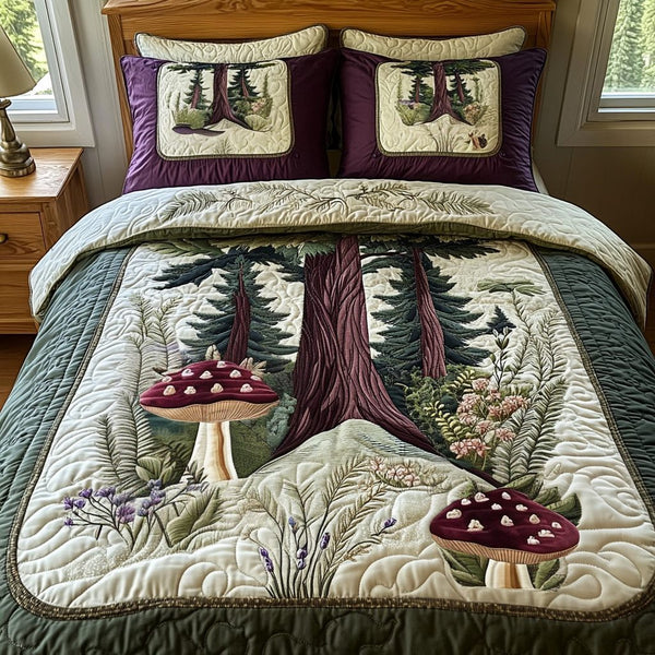 Mossy Forest quilted 3-piece bedding set on a made bed with two matching pillow shams