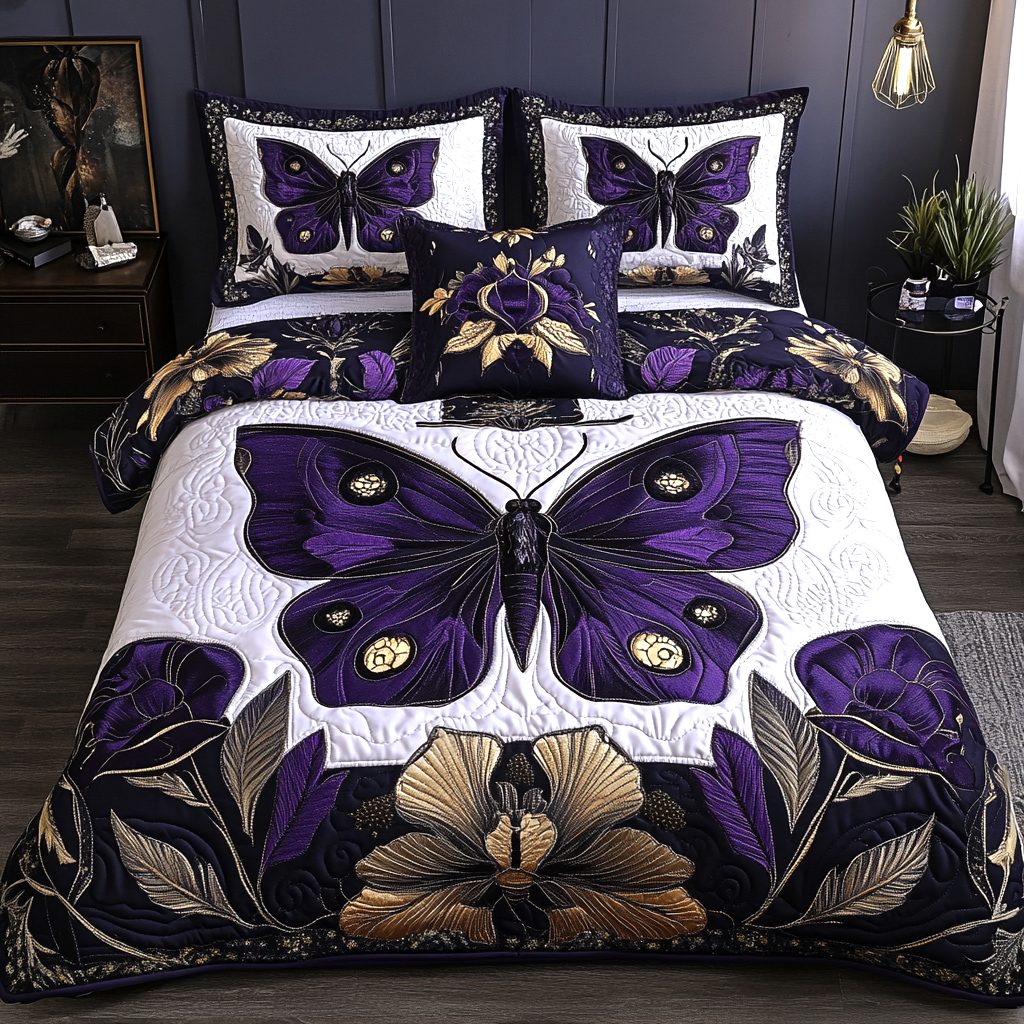Moth Spell quilted 3-piece bedding set on a made bed with two matching pillow shams