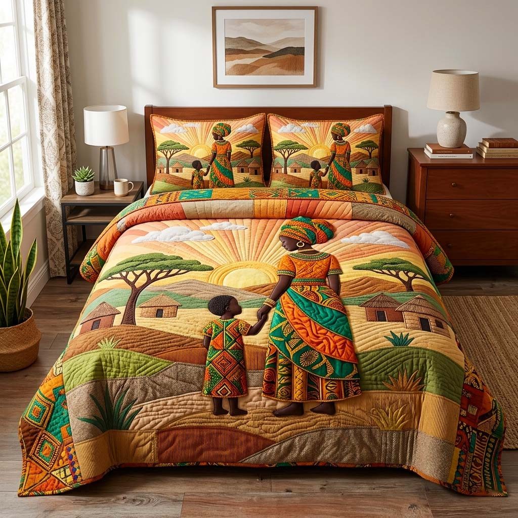 Mother Journey quilted 3-piece bedding set on a made bed with two matching pillow shams