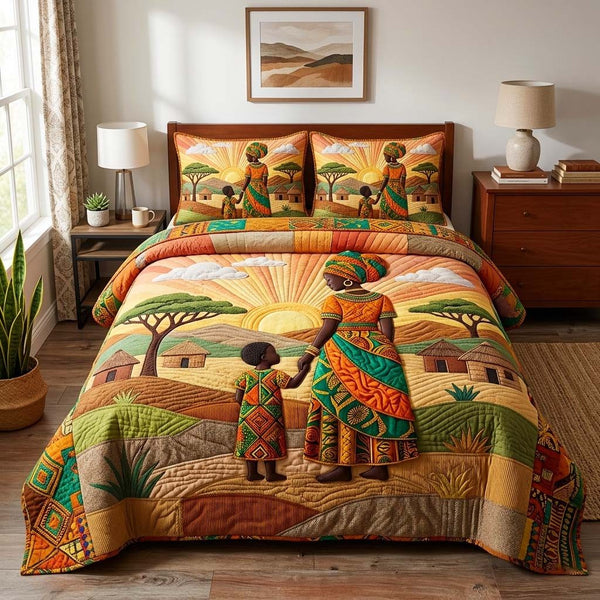 Mother Journey quilted 3-piece bedding set on a made bed with two matching pillow shams
