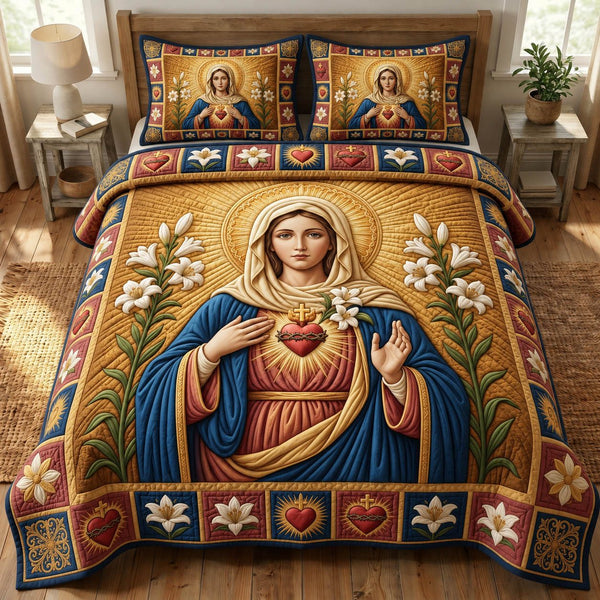 Mother Mary quilted 3-piece bedding set on a made bed with two matching pillow shams
