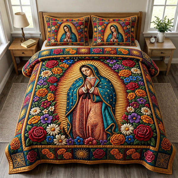 Mother Mary quilted 3-piece bedding set on a made bed with two matching pillow shams