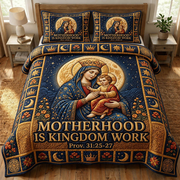Mother Mary quilted 3-piece bedding set on a made bed with two matching pillow shams