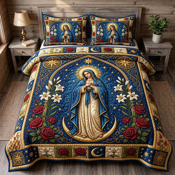 Mother Mary quilted 3-piece bedding set on a made bed with two matching pillow shams
