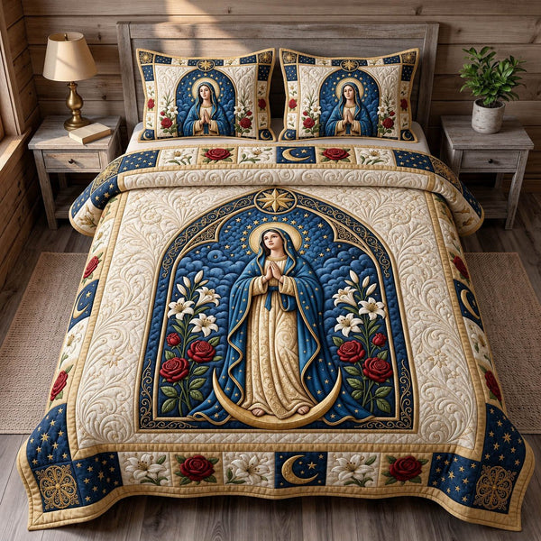Mother Mary quilted 3-piece bedding set on a made bed with two matching pillow shams