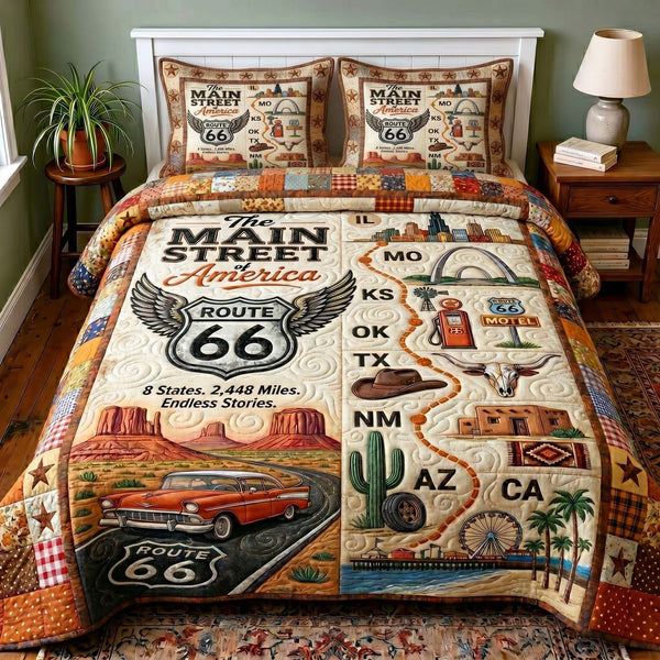 Mother Road quilted 3-piece bedding set on a made bed with two matching pillow shams