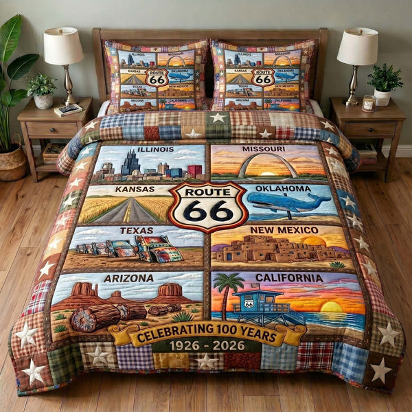 Mother Road quilted 3-piece bedding set on a made bed with two matching pillow shams